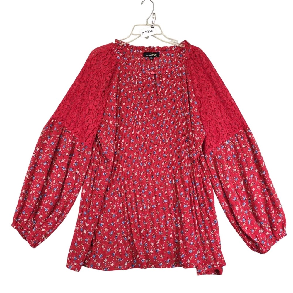 Suzanne Betro Red Chiffon Floral Blouse Womens Plus Size 2X Lace Puff Sleeve